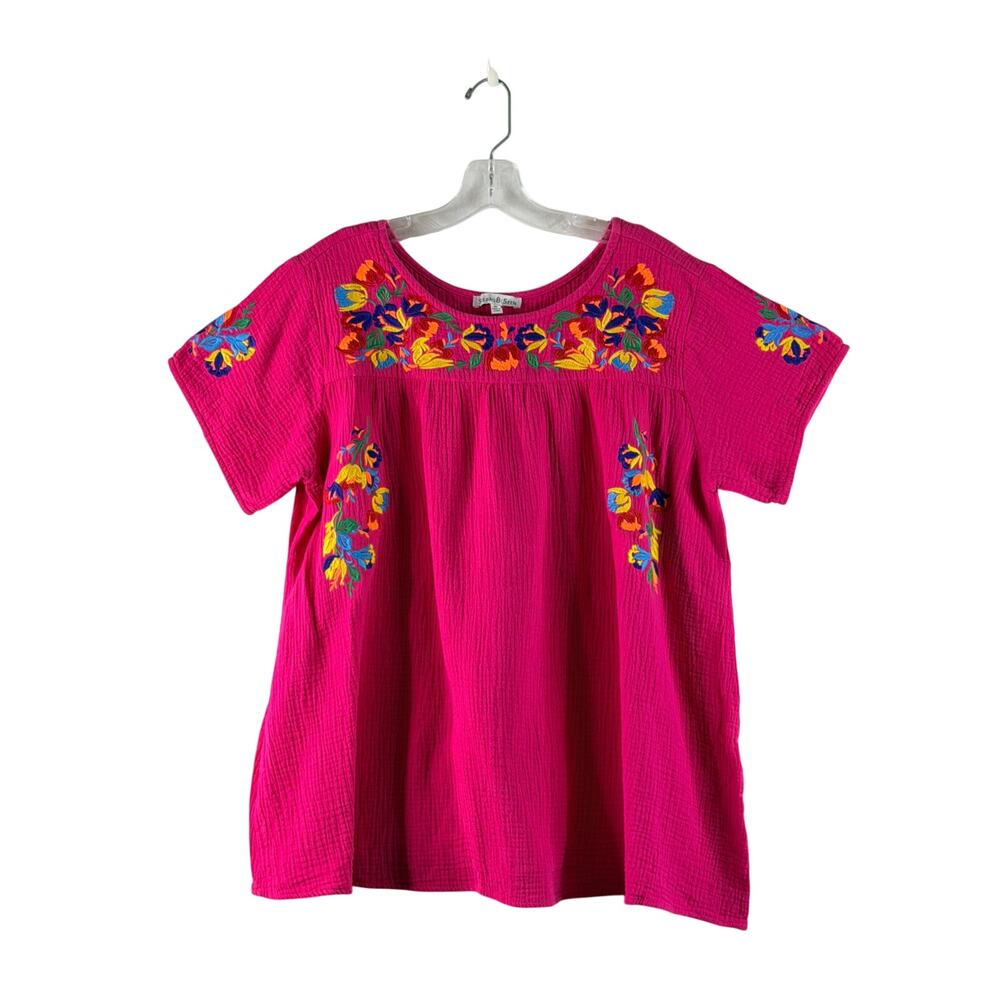 See and Be Seen On the Border Embroidered Top Fuchsia Pink Short Sleeve Relaxed